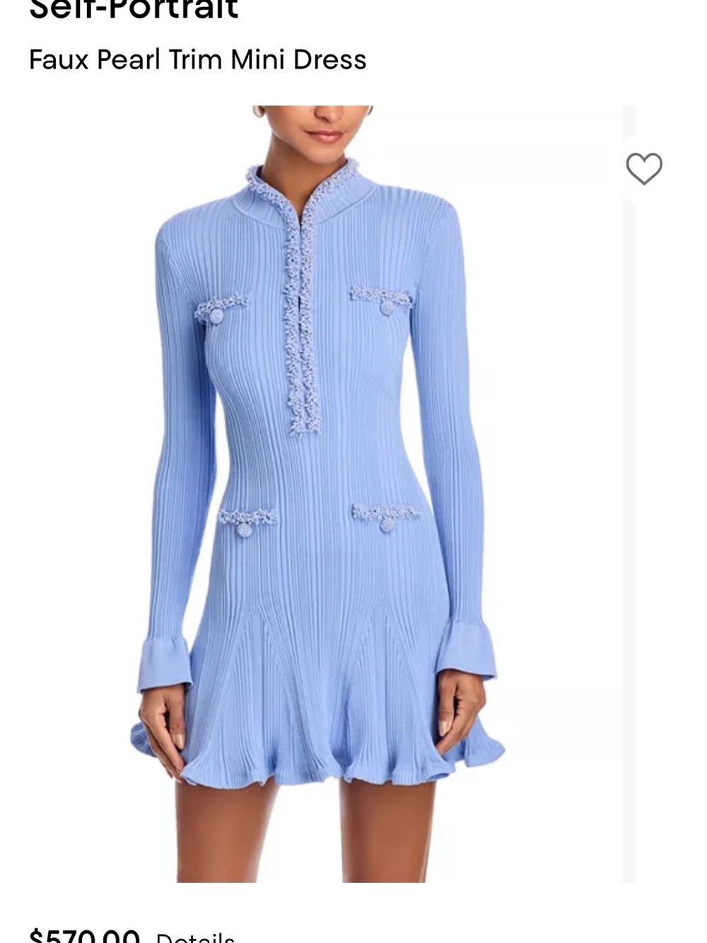 Self-Portrait Light Blue Ribbed Faux Pearl-Trim Mini Dress